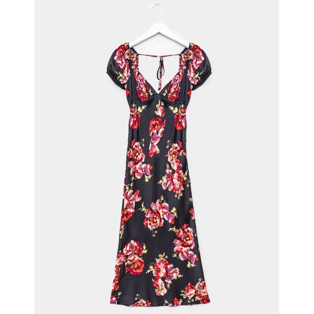 Isalis Black Floral Puff Sleeve Open Tie Back Midi Dress BRD2117-1 Womens‎ XS